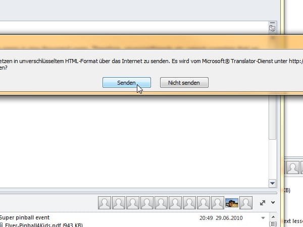 Klicken Sie auf 'Senden', um den Nachrichteninhalt zum Online-Übersetzungsserver von Microsoft zu schicken.