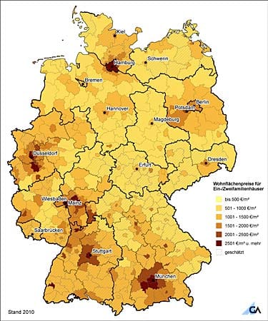 Die Preise für einen m² Wohnfläche in Deutschland. Sehr teuer lebt man in Nordrhein-Westfalen, Baden-Württemberg und im südlichen Bayern und Hessen sowie um die Hauptstadt. Dagegen kann man sehr günstig in Thüringen und Sachsen leben.