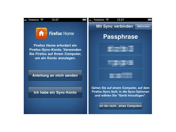 Für das iPhone erlaubt Apple nur eine abgespeckte Firefox-Variante. Beim ersten Start von Firefox Home klicken Sie auf Ich habe ein Sync-Konto (Bild links). Anschließend wird Ihnen die Passphrase angezeigt (Bild rechts), also die Buchstaben und Ziffern, die Sie in Ihrer ersten Firefox-Installation eintragen müssen.