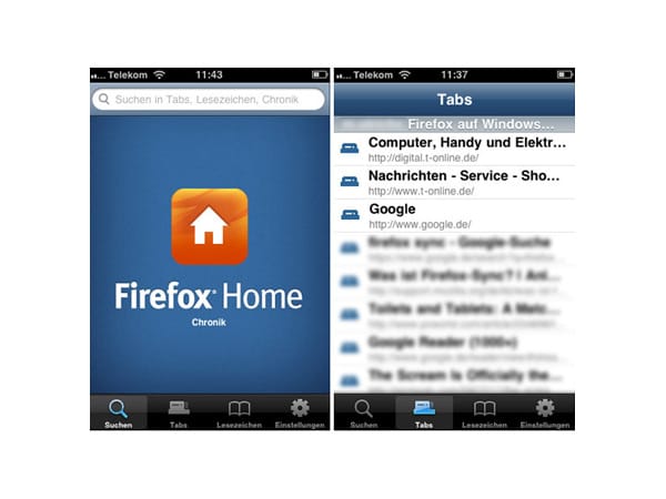 Im Startbildschirm von Firefox Home (links) können Sie Tabs, Lesezeichen oder die Chronik durchsuchen. Über das Tabs-Icon sehen Sie alle geöffneten Tabs (rechts). Die können Sie anklicken und im iPhone Web-Viewer ansehen.