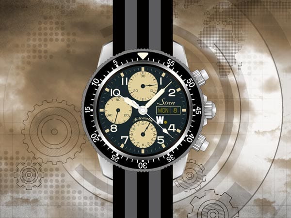 Entwurf "Nightfall" Fliegerchronograf Sinn 103 St Sa: "Bondstrap" - schwarz-graues Textil-Durchzugsband.