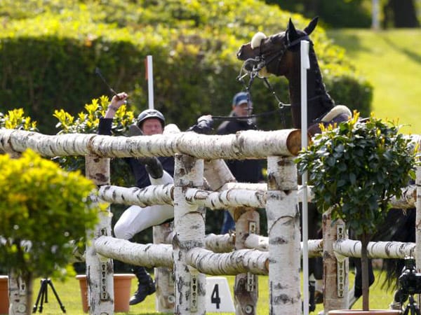 Hoppe hoppe Reiter, wenn er fällt... Der deutsche Springreiter Michael Grimm macht unliebsame Bekanntschaft mit dem Birkenoxer. Der Name "Rebell" seines Pferdes kommt nicht von ungefähr.
