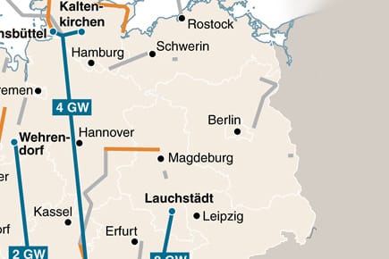 Möglicher Verlauf der neuen Stromtrassen durch Deutschland