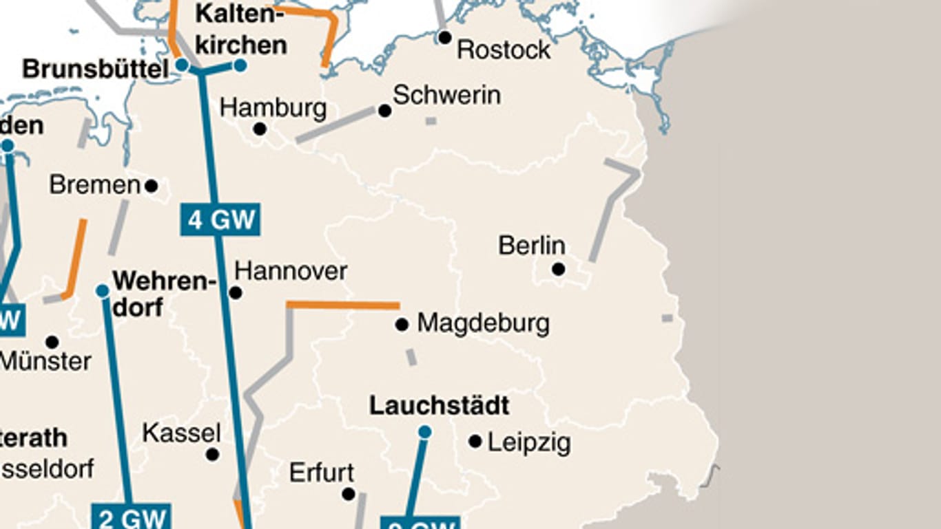 Möglicher Verlauf der neuen Stromtrassen durch Deutschland