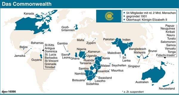 Weltkarte mit den Mitgliedsstaaten im Commonwealth