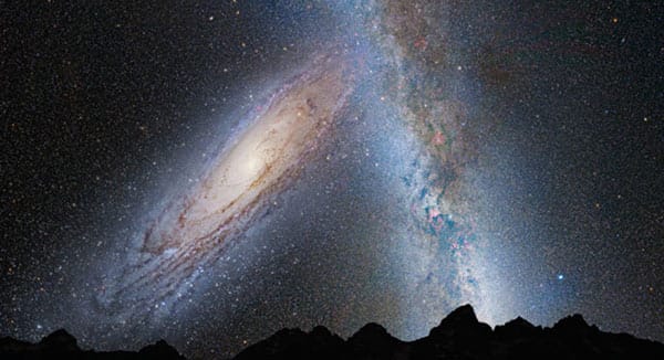 Beide Galaxien rasen mit einer Geschwindigkeit von 400.000 Kilometern pro Stunde aufeinander zu. in 3,75 Milliarden Jahren sind sich Milchstraße und Andromeda-Sytem schon sehr nah