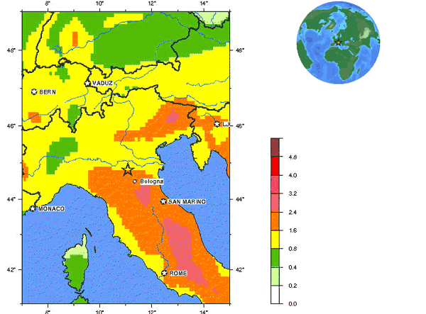 Gefahrenkarte für Erdbeben in Italien (je roter, desto stärkere Beben drohen): Beben der Stärke 9 sind in Italien nicht zu befürchten, sie drohen an Kollisionsfronten von Erdplatten, etwa vor Indonesien, Japan oder Südamerika.