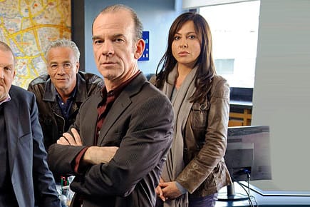 Martin Wuttke (vorn) als Leipziger "Tatort"-Kommissar Keppler zusammen mit TV-Partnerin Simone Thomalla und dem Kölner "Tatort"-Team Dietmar Bär und Klaus J. Behrendt.