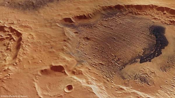 Marskrater mit Sedimentschichten: Vermutlich hat ein Wechsel von nassen und trockenen Phasen die Strukturen entstehen lassen.