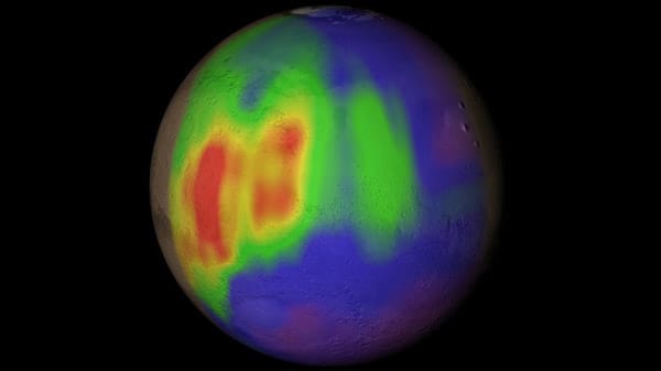 Mars: Berechnete Methankonzentration während des Sommers auf der Nordhalbkugel. Das Gas ist kein Zeichen für Leben, es entstand wahrscheinlich bei der Zersetzung von Meteoritenstücken durch UV-Strahlung.