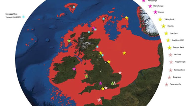 Doggerland (rot): Die neue Karte zeigt, dass das versunkene Land deutlich größer war, als es Lehrbücher darstellen. Steinzeitmenschen konnten trockenen Fußes von Dänemark nach England gehen - vorausgesetzt, sie überquerten die vielen Seen und Flüsse in Doggerland. Die Legende zeigt archäologische Fundorte. Hellblaue Sterne etwa stehen für Relikte des Tsunamis, der vor gut 8000 Jahren große Teile von Doggerland versinken ließ.