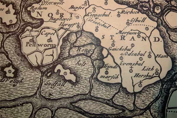 Rekonstruktion (Karte von 1652): Rungholt lag zwischen Pellworm und Nordstrand.