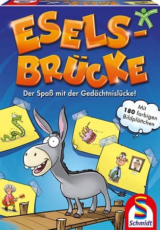 Das ebenfalls nominierte Spiel "Eselsbrücke" vom Schmidt Verlag (Berlin) ist ein fantasievolles Erzählspiel für drei bis zwölf Mitspieler ab acht Jahren.
