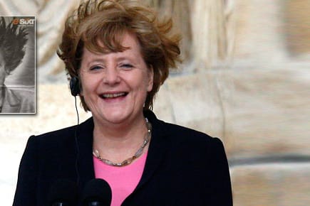 Angela Merkel: links das aktuelle Original aus Paris, rechts die Montage von Sixt vor elf Jahren