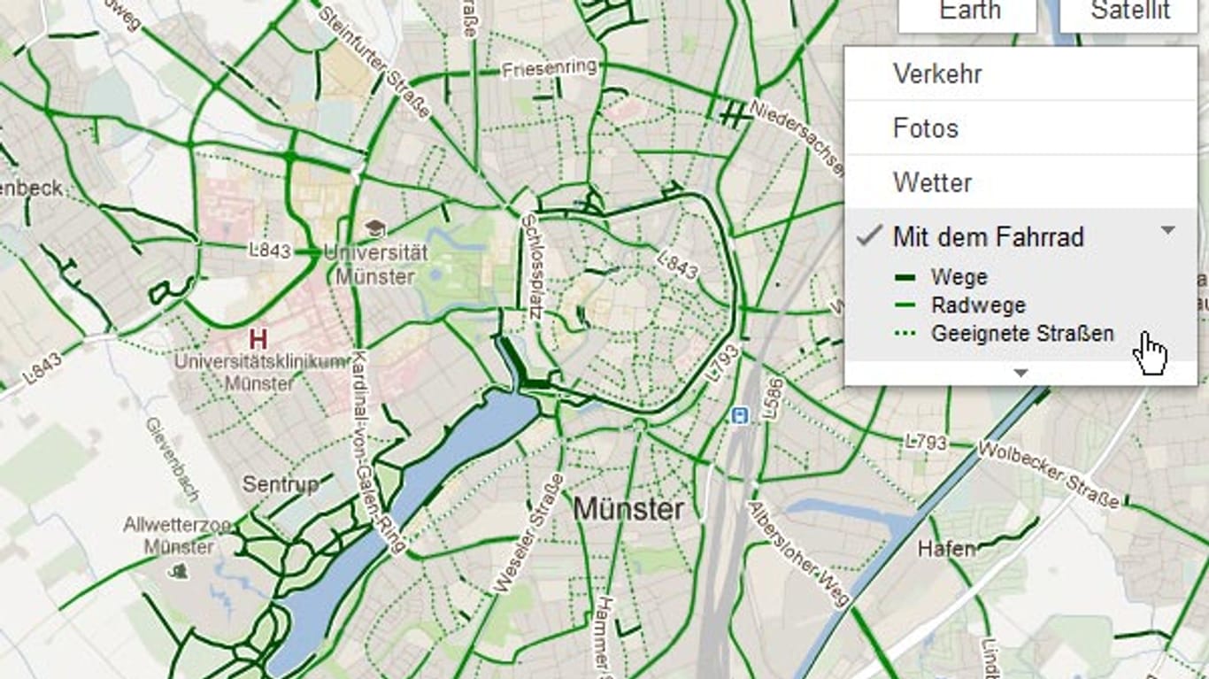 Google Maps zeigt auf Wunsch Radwege
