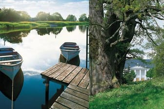 Idyllische Ruhe am spiegelglatten See auf der Halbinsel Zudar und Theater und Schlosspark Putbus, Insel Rügen