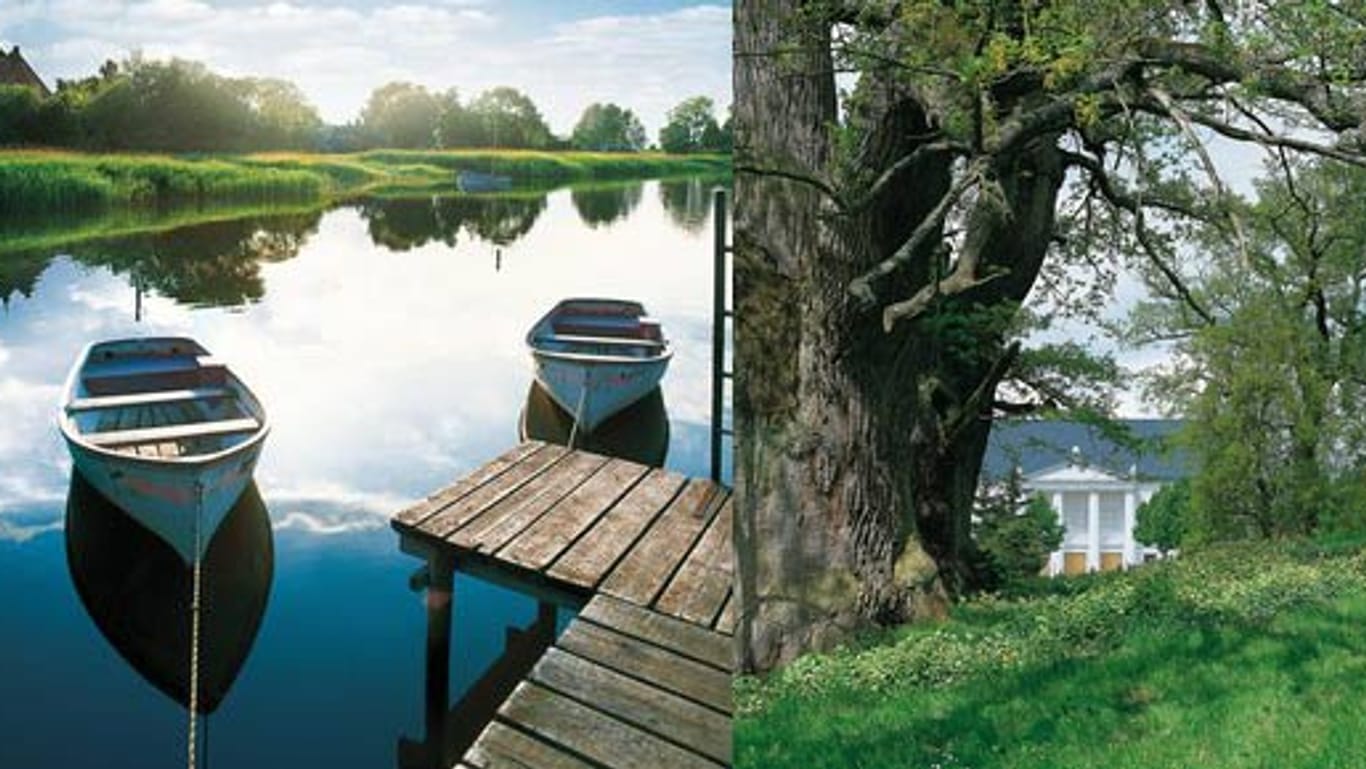 Idyllische Ruhe am spiegelglatten See auf der Halbinsel Zudar und Theater und Schlosspark Putbus, Insel Rügen