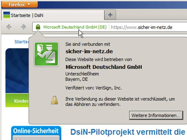 Seitenidentitäts-Manager zeigt Nutzern an, ob die aufgerufene Internetseite vertrauenswürdig ist
