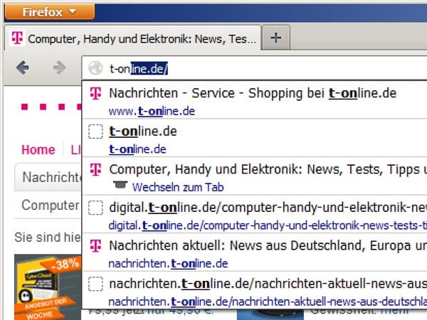 Ab Version 14 vervollständigt Firefox eingetippte Internetadressen automatisch.