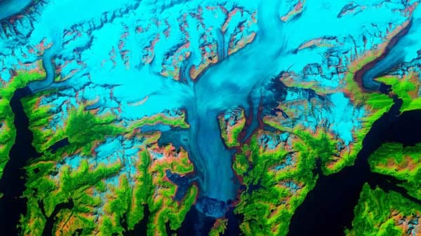 Columbia-Gletscher: Seit Jahren zieht sich der Eisriese am Prince William Sound in Alaska zurück, zwischen 1986 und 2011 hat sich der Gezeitengletscher dramatisch verändert. Eine Abfolge von "Landsat"-Bildern in Falschfarben dokumentiert die Veränderung.