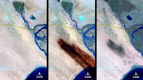 Brennende Ölvorkommen in Kuwait: 1991 dokumentierte "Landsat 5" die Brände in dem Emirat. Die Grenze zwischen dem Irak und Kuwait ist gelb dargestellt. Links ist eine Aufnahme aus dem August 1990 zu sehen. Das mittlere Bild stammt vom Juni 1991, also aus der Zeit, in der die Feuer tobten - es dauerte zehn Monate, bis alle gelöscht waren. Die rechte Aufnahme ist vom Januar 1992.
