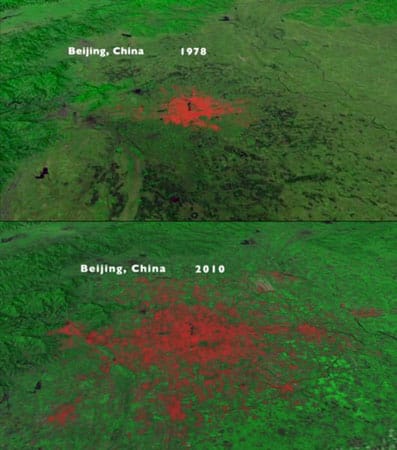 Peking im Wandel der Zeit: Zwei Aufnahmen aus den Jahren 1978 und 2011 zeigen, wie die chinesische Hauptstadt gewachsen ist. Heute leben um die 20 Millionen Menschen im Großraum Peking.