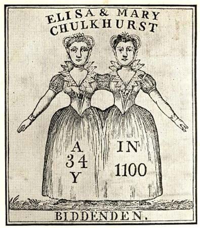 Mary und Eliza Chulkhurst wurden 1100 in England geboren. Sie sind auch unter dem Namen "Biddenden Maids" bekannt, benannt nach ihrem Geburtsort. Eliza und Mary waren an den Hüften zusammengewachsen, ihre Darstellung gilt als eine der ältesten, die eine symmetrische Fehlbildung zeigt. Die beiden wurden 34 Jahre alt.