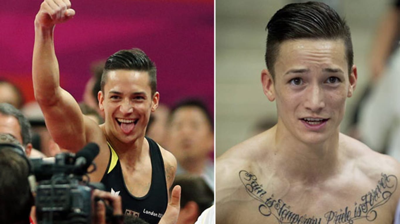 Riesenfreude: Turner Marcel Nguyen gewinnt sensationell Silber bei Olympia - seine Tätowierung versteckte er vorsorglich. (Fotos: dpa, imago)