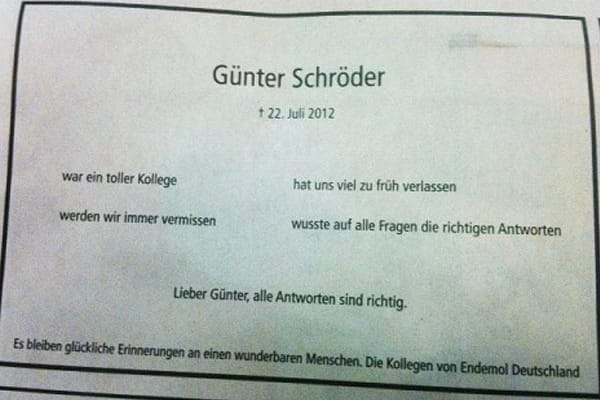 Originelle Traueranzeige würdigt den "Herrn der Fragen" Günter Schröder.