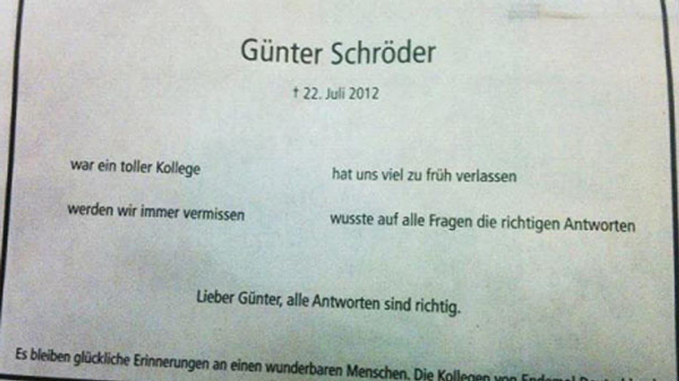 Originelle Traueranzeige würdigt den "Herrn der Fragen" Günter Schröder.