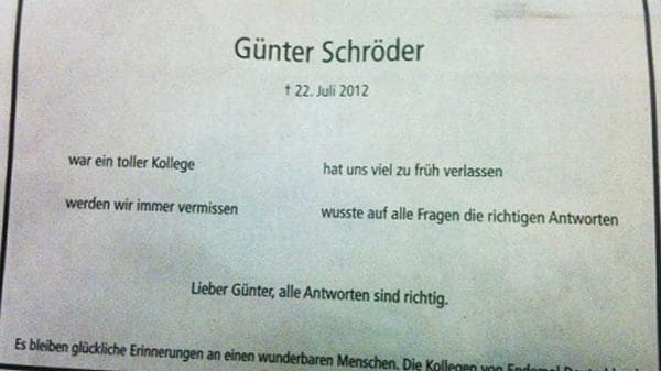 Originelle Traueranzeige würdigt den "Herrn der Fragen" Günter Schröder.