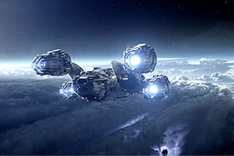 Das Raumschiff Prometheus im Landeanflug auf den unbekannten Planeten, auf dem die Wiege der Menschheit vermutet wird.