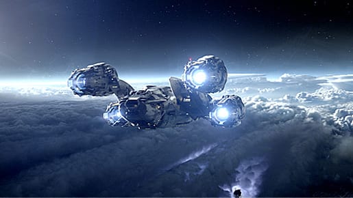 Das Raumschiff Prometheus im Landeanflug auf den unbekannten Planeten, auf dem die Wiege der Menschheit vermutet wird.