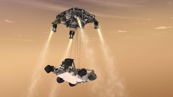 Marsroboter "Curiosity": In dieser Animation wird das fahrende Labor von einem Kran auf die Marsoberfläche abgelassen.