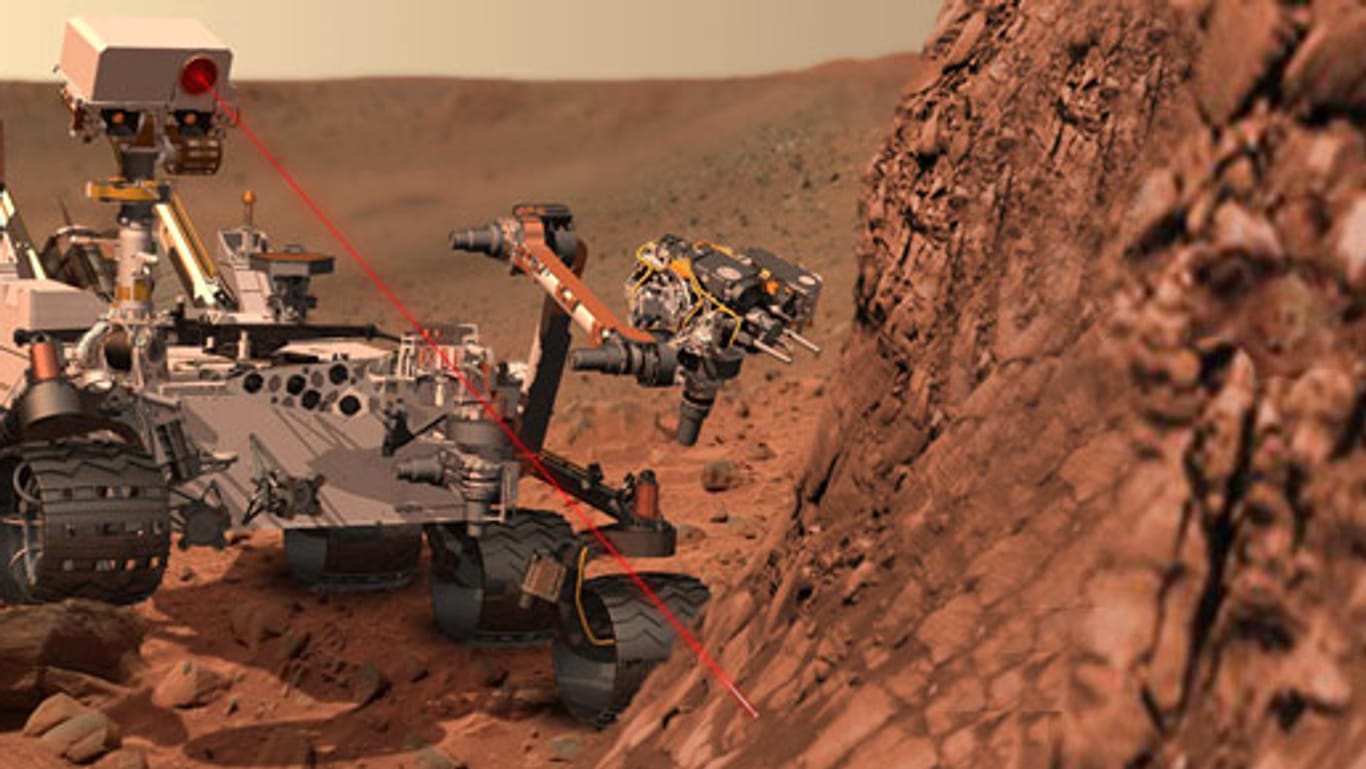 Die Animation zeigt "Curiosity" bei der geplanten Arbeit mit einem Laserstrahl von acht Metern Reichweite.