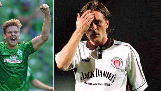 Werders neue "Hühnerbrust" (li.) und der FC St. Pauli 1999/2000 mit dem Whiskyhersteller Jack Daniels auf dem Trikot. Werders neue "Hühnerbrust" (li.) und der FC St. Pauli 1999/2000 mit dem Whiskyhersteller Jack Daniels auf dem Trikot.