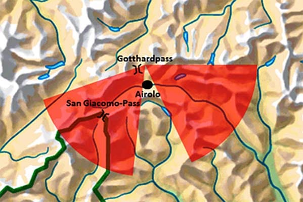 Die Kanonen zielten in Richtung Süden zum italienischen San-Giacomo-Pass, von dort drohte Gefahr durch das italienische Militär.