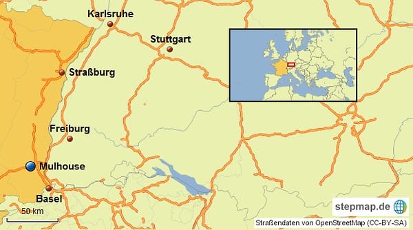 Mulhouse (deutsch: Mülhausen) liegt nur wenige Kilometer westlich der deutsch-französischen Grenze.