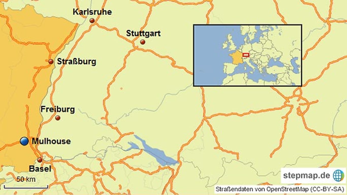 Mulhouse (deutsch: Mülhausen) liegt nur wenige Kilometer westlich der deutsch-französischen Grenze.