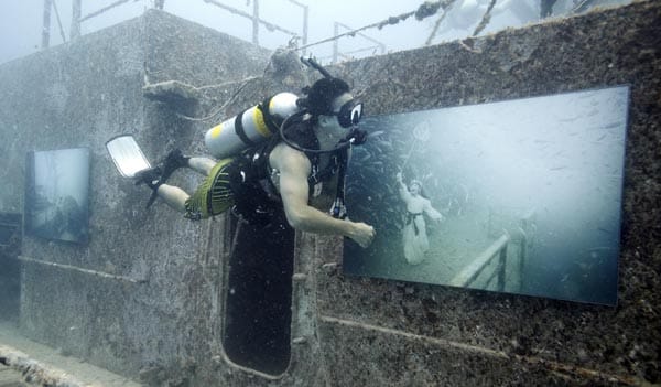Dieser hat seine surrealen Werke in Plexiglas gesteckt und mit Silikon auf dem Deck des versunkenen Schiffes Gen. Hoyt S. Vandenberg fixiert. Die Ausstellung bleibt voraussichtlich nur bis Oktober 2012 unter Wasser.