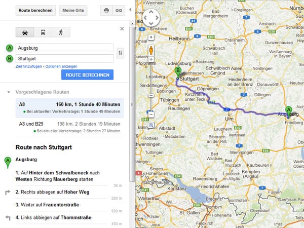 Google Maps schlägt jetzt auch Zugverbindungen vor: Rufen Sie dazu wie gewohnt Google Maps auf und geben Sie Start- und Zielpunkt ein. Klicken Sie auf Route berechnen, dann können Sie sehen, wie lange Sie für die Strecke mit dem Auto brauchen.
