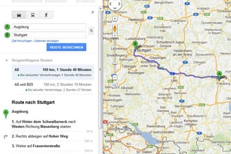 Google Maps schlägt jetzt auch Zugverbindungen vor: Rufen Sie dazu wie gewohnt Google Maps auf und geben Sie Start- und Zielpunkt ein. Klicken Sie auf Route berechnen, dann können Sie sehen, wie lange Sie für die Strecke mit dem Auto brauchen.