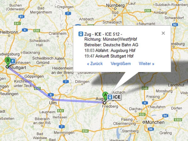 Wenn Sie auf den Start- oder den Zielpunkt klicken, zeigt Google Maps beispielsweise die Zugnummer und weitere Informationen zu der Verbindung an.