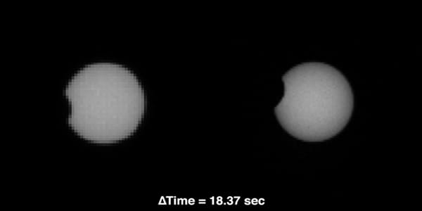 Nicht nur die Bodenaufnahmen des Rovers begeistern die Forscher: "Curiosity" filmte auch eine Sonnenfinsternis auf dem Roten Planeten. Phobos, einer der beiden Mars-Monde, schiebt sich hier langsam vor die Sonne.