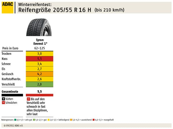 Winterreifen-Test des ADAC 2012: 205/55 R16 H (bis 210 km/h)
