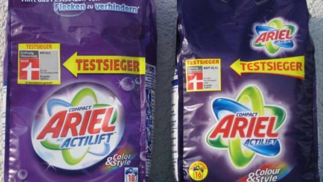 Mogelpackung von Ariel: Die neue Packung ist kleiner, der Preis bleibt der Gleiche.