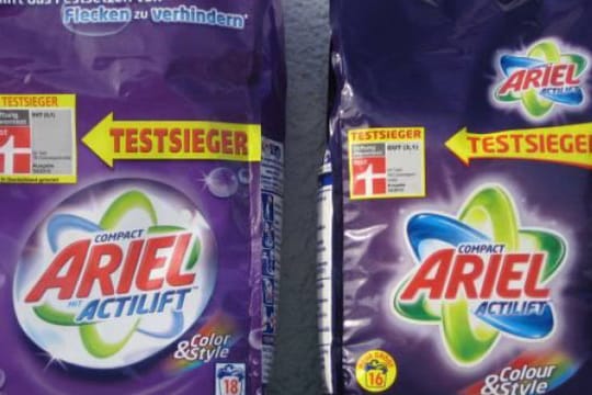 Mogelpackung von Ariel: Die neue Packung ist kleiner, der Preis bleibt der Gleiche.