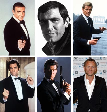Hier noch einmal alle James-Bond-Darsteller auf einen Blick. In der oberen Reihe von links nach rechts: Sean Connery, George Lazenby, Roger Moore. Unten von links nach rechts: Timothy Dalton, Pierce Brosnan und Daniel Craig.