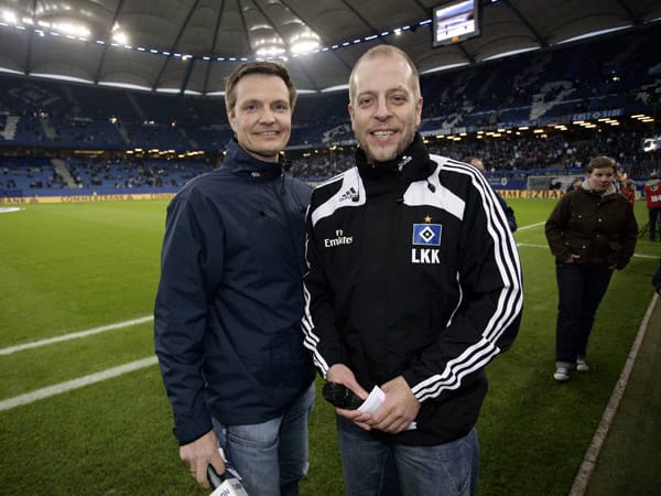Dirk Böge (li.) und Lotto King Karl, Stadionsprecher beim Hamburger SV.