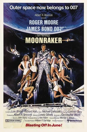 Der vierte Bond-Streifen mit Roger Moore in der Hauptrolle war "Moonraker – Streng geheim" aus dem Jahr 1979. Das Verschwinden eines Raumgleiters führt den Geheimagenten im Auftrag Ihrer Majestät rund um die Welt und sogar in den Weltraum. Gemeinsam mit CIA-Agentin Holly Goodhead rettet er schließlich die Welt vor der Vernichtung. Der Film war die erste James Bond Coproduktion zwischen den britischen und französischen United Artists Studios. Der Film startete am 31. August 1979 in den bundesdeutschen Kinos.